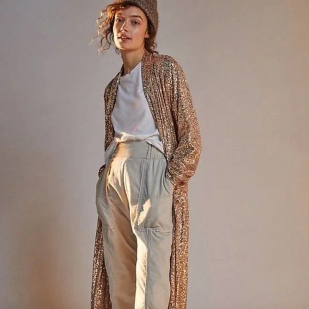 Nwt Anthropologie X Bb Dakota Rose Gold Sequin Duster Cardigan Jacket Petite Xs